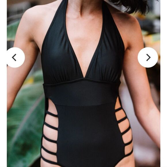 aleefa Monokini Solid One Piece Swimsuit V Cutout  small Black new - Picture 3 of 5